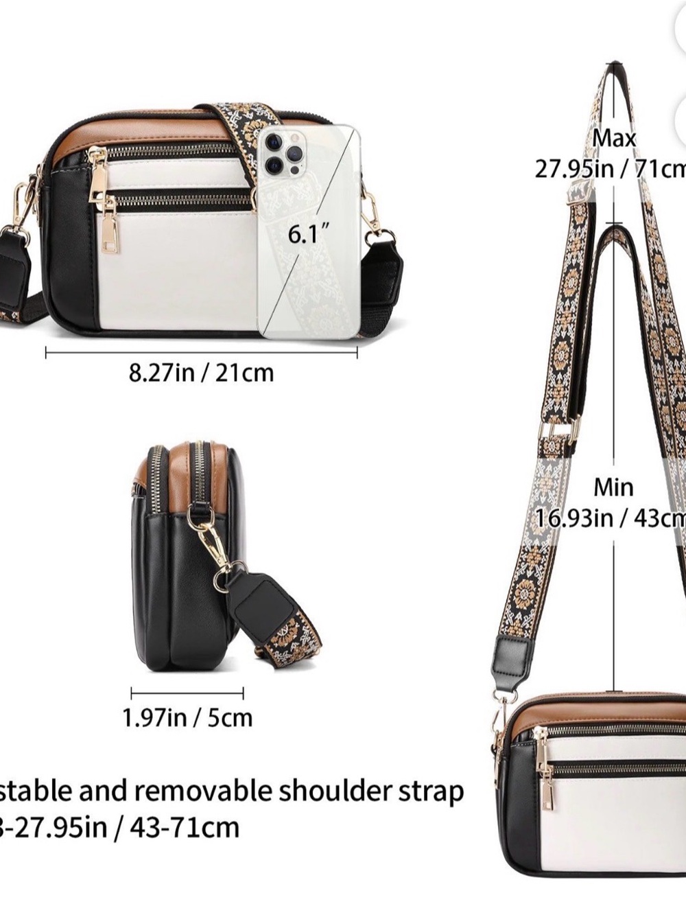 GAEKEAO Women’s Crossbody Purse Multi Pocket Shoulder Handbag Black/White/Brown - Picture 2 of 10
